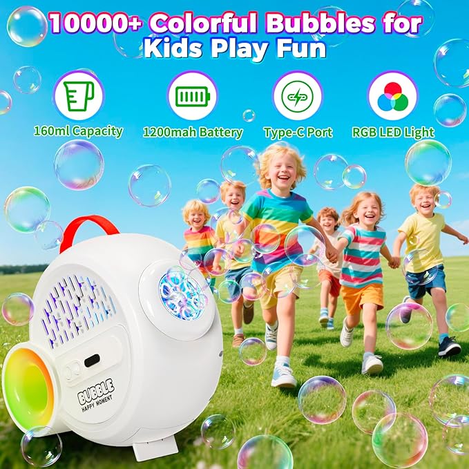 Rechargeable Bubble Machine with Upgrade RGB LED 16 Million Colors, 20000+ Bubbles Per Minute, Portable Bubble Maker for Kids, Weddings, Birthday Parties, Outdoor, Plug in or Battery Power
