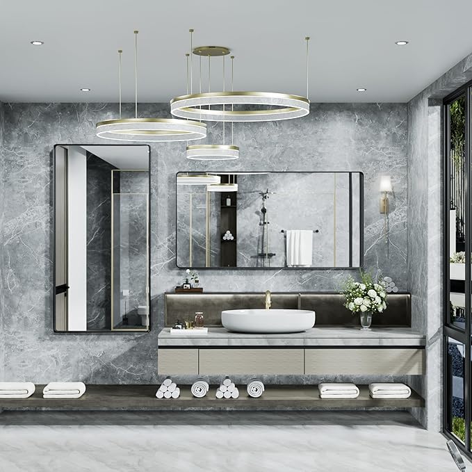 Hasipu Black Bathroom Over Sink Mirror 41x21 Inch Rounded Rectangle Vanity Mirror Metal Framed Wall Mirrors Anti-Rust Surface Mount (Hangs Horizontal or Vertical)