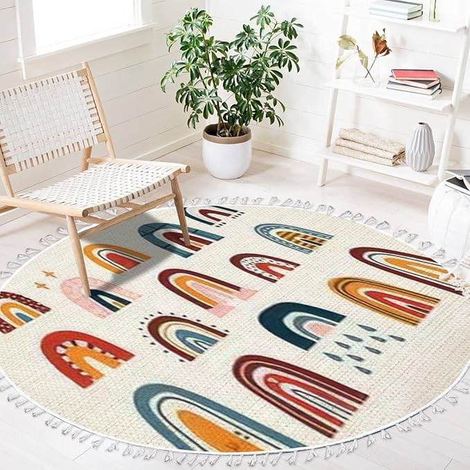 Round Boho Rug Various Rainbows Kids Drawing Style Different Ornaments Childish Area Rug Linen Rug Carpet Patio Rug Hallway Runner Rug Mat Pad Minimalist Home Decor for Living Room Outdoor