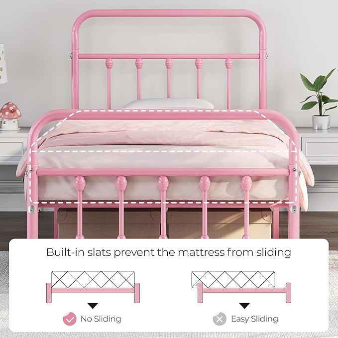 Yaheetech Classic Metal Platform Bed Frame Mattress Foundation with Victorian Style Iron-Art Headboard/Footboard/Under Bed Storage/No Box Spring Needed/Twin Size Pink