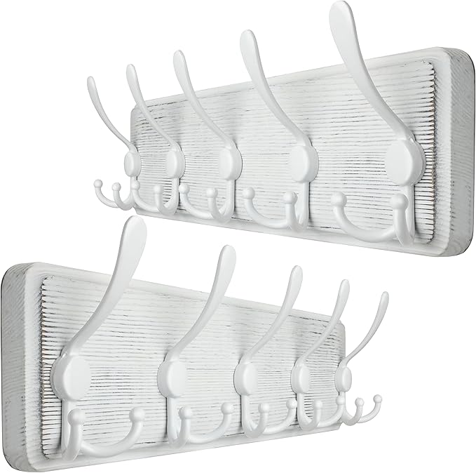 WEBI Coat Rack Wall Mounted,Wood Coat Hooks Wall Mount,16" Hole to Hole,Large Coat Hanger Wall Hook Rack,5 Triple Hooks for Hanging Coats,Hats,Jacket,Clothes,Entryway,White,2 Packs