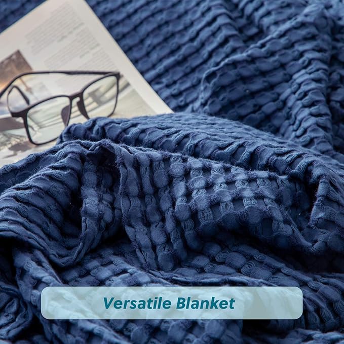 Bedsure Cooling Cotton Waffle Weave Blanket - Lightweight Breathable Blanket of Rayon Derived from Bamboo for Hot Sleepers, Luxury Throws for Bed, Couch and Sofa, Navy, 50x70 Inches