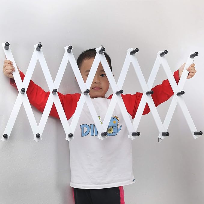 WEBI Accordion Wall Hanger,Expandable Wooden Coat Rack Wall Mounted,Accordion Hat Rack for Wall,Accordion Hook Rack for Hats,Caps,20 Pegs Hooks,Black on White