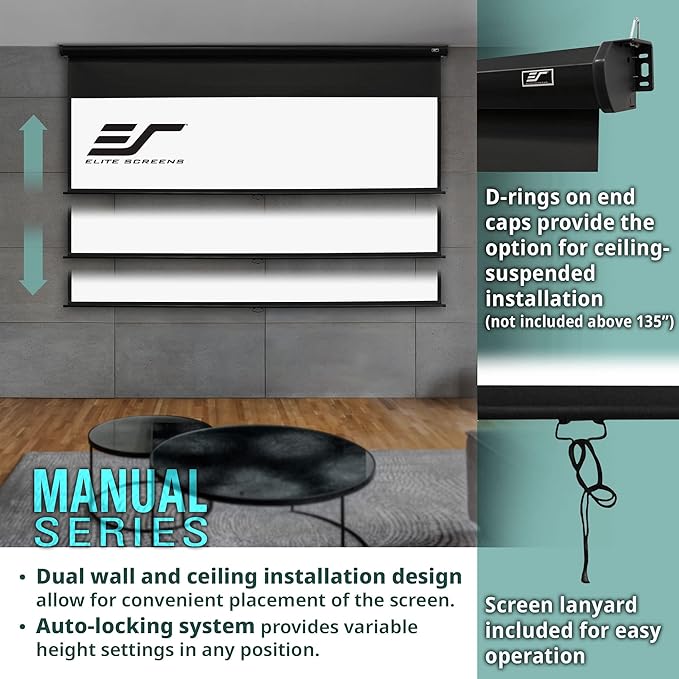 Elite Screens Manual Series, 150-INCH 4:3, Pull Down Manual Projector Screen with AUTO LOCK, Movie Home Theater 8K / 4K Ultra HD 3D Ready, 2-YEAR WARRANTY, M150UWV2