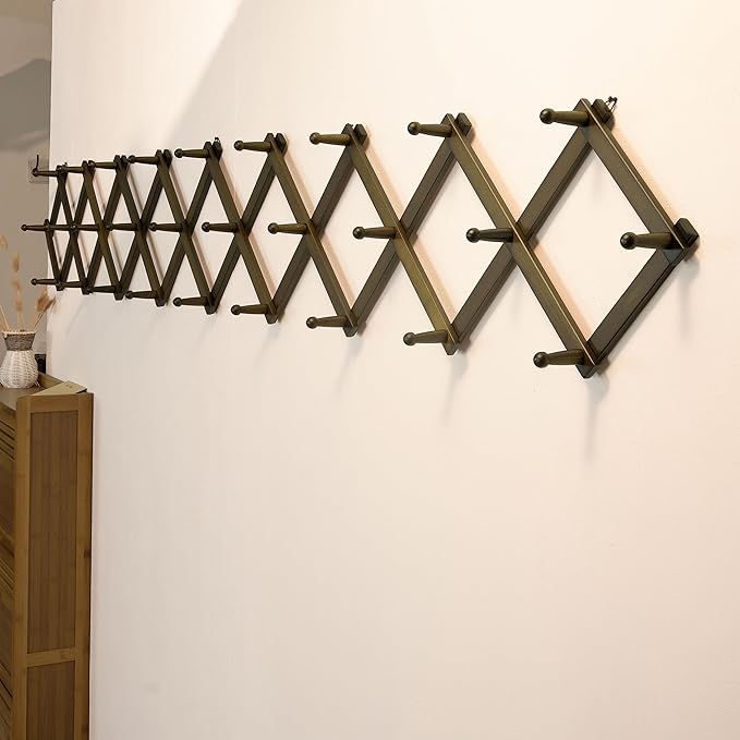SKOLOO Accordion Wall Hanger with 28 Hooks, Modern Expandable Coat Rack Hat Rack for Wall, Solid Wooden, Dark Walnut Color