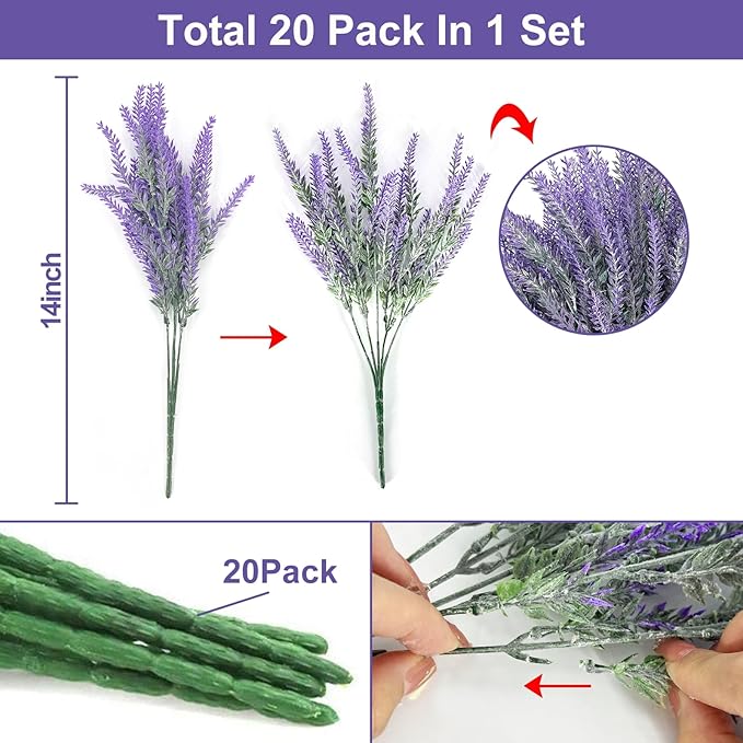 TURNMEON 20 Bundles Artificial Lavender Flowers for Outdoors, UV Resistant Fake Plants Artificial Plastic Faux Plants for Home Window Box Planter Porch Gardens Cemetery Summer Decor(Gray Purple)