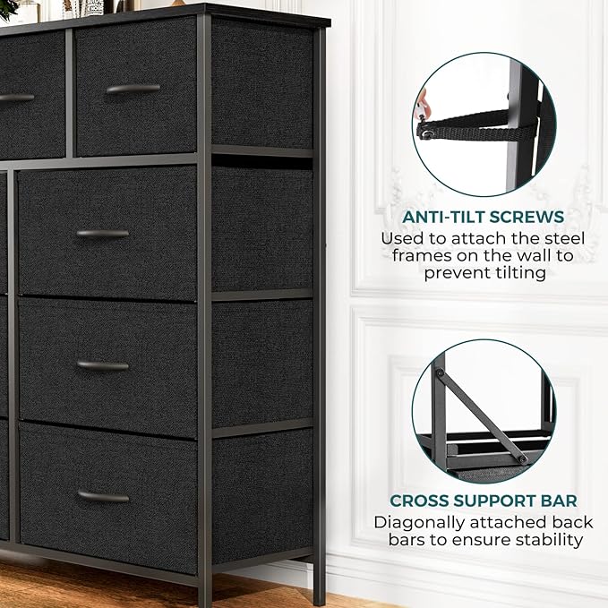 OLIXIS Dresser for Bedroom, 9 Storage Drawers, Wide Fabric Closet Chests Organizer Tower Furniture, TV Stand with Wooden Top Metal Frame for Clothes, Living Room, Hallway, Entryway, Black