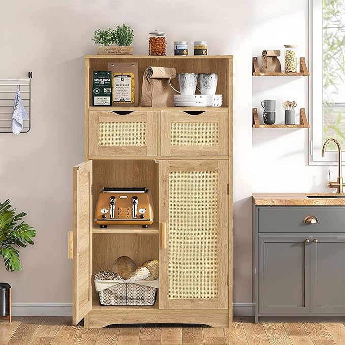 Iwell Storage Cabinet with 2 Drawers & Adjustable Shelves, Rattan Cabinet, Kitchen Pantry Cabinets, Cupboard for Living Room, Kitchen, Home Office, Natural