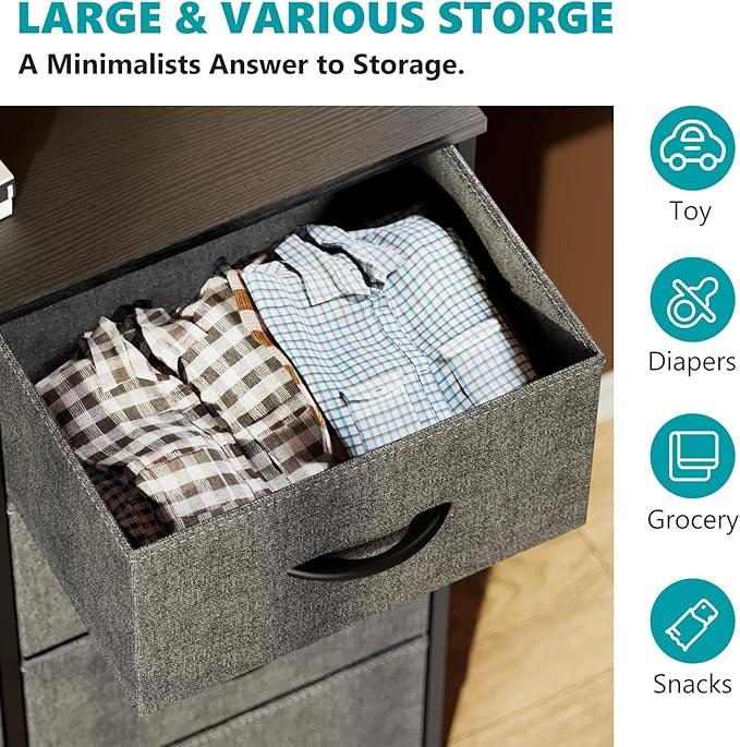 OLIXIS Dresser for Bedroom, 8 Storage Fabric Drawers, Metal Frame and Wooden Top, Tall Storage Drawer Dresser for Closet with Easy Pull Handles for Living Room, Entryway, Small Space Grey