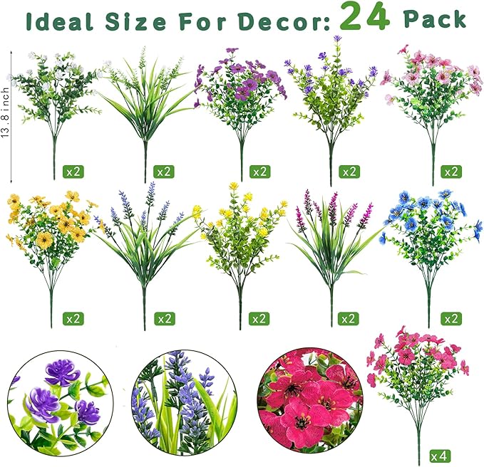Ouddy Decor 24 Bundles Artificial Flowers for Outdoors Multicolor Fake Flowers Plastic Plants Faux Lavender UV Resistant for Spring Summer Garden Patio Window Box Office Table Kitchen Home Decor