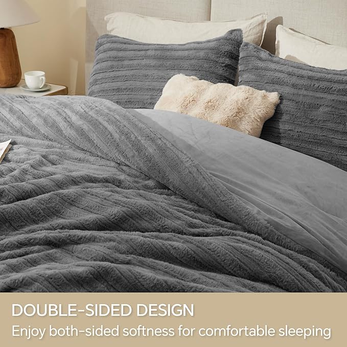 BEDELITE Fleece King Comforter Set -Super Soft & Warm Fluffy Grey Faux Fur Bedding, Luxury Fuzzy Heavy Bed Set for Winter with 2 Pillow Cases