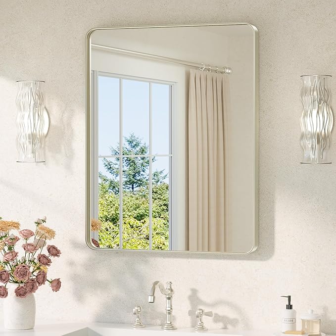 TETOTE Brushed Nickel Mirror 24 x 30 Brushed Nickel Metal Framed Bathroom Mirror, Tempered Glass, Modern Farmhouse Wall Mounted Mirror for Decorative(Horizontal/Vertical)