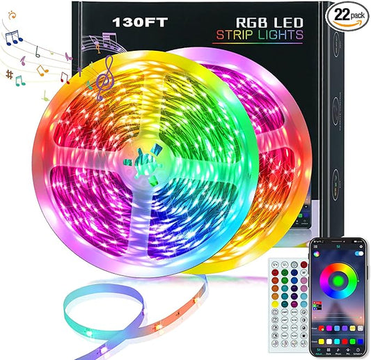KEELIXIN 130ft Led Lights,Long Led Lights for Bedroom,5050 RGB LED Strip Lights with Remote & Bluetooth App Control Sync with Music,Luces Led para Cuarto,LED Light Strip for Room,2 Rolls of 65ft