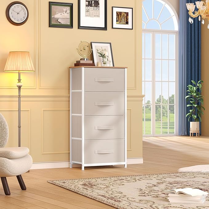 DWVO Storage Tower with 4 Drawers - Fabric Dresser, Organizer Unit for Bedroom, Living Room, Closets - Sturdy Steel Frame, Easy Pull Fabric Bins & Wooden Top (Cream White)