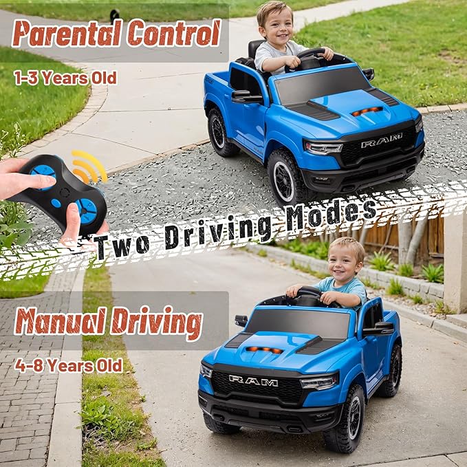 Licensed Ram 1500 Ride on Toys for Kids 4-8, Ride-on Electric Car for Kids with Remote Control, Battery Powered with Car Key/Gear Selector, LED Light/Music/MP3, Back Storage (Blue)
