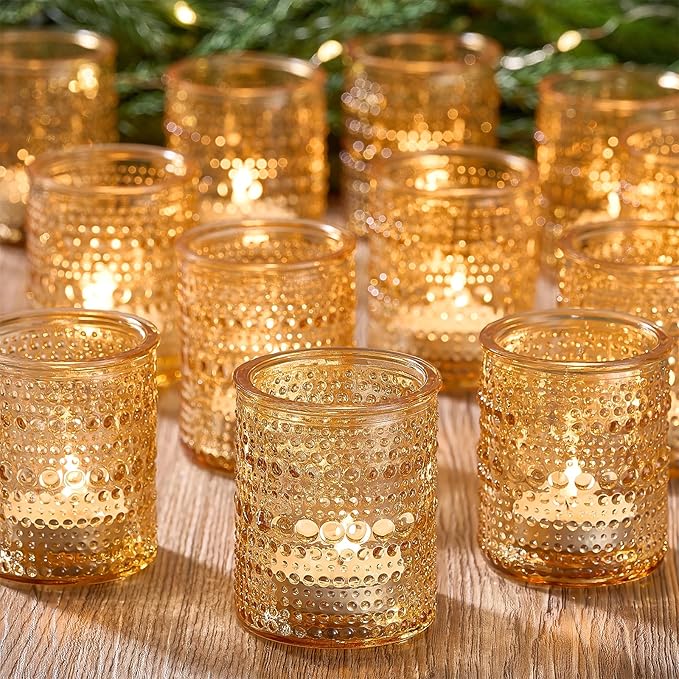 24 Pack Clear Glass Votive Candle Holders, Vintage Candle Holder for Floating Candle, Tealight Candle Holder for Table Centerpieces Home Bridal Shower Birthday Christmas Table Decoration (Amber)