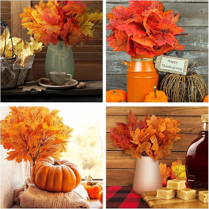 Tigeen 8 pcs Artificial Maple Leaves Branches Faux Thanksgiving Fall Fake Autumn Leaves for Thanksgiving Table Centerpieces Decoration