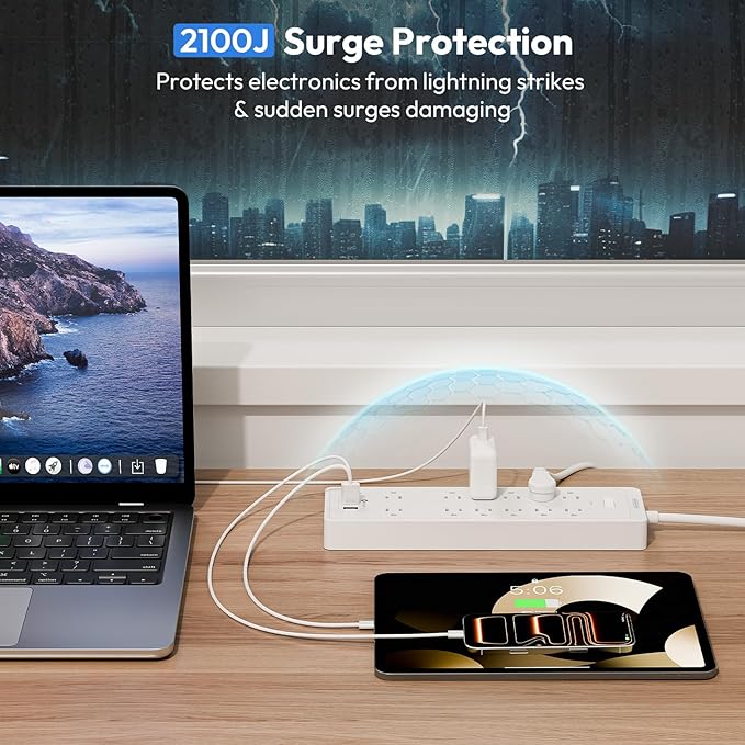 25Ft Extension Cord, NTONPOWER Long Cord Power Strip with 12 Outlet 3 USB(1 USB C), 2100 Joules Surge Protector, 1875W/15A, Overload Protection, Wall Mount for Home Office, Workbench, Garage, White