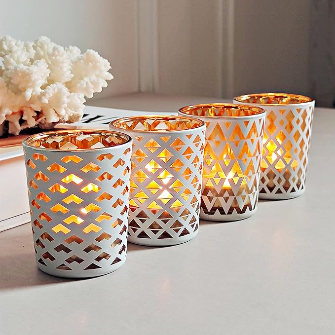 SHMILMH White and Gold Votive Candle Holders Set of 12, 4 Patterns Frosted Glass Tea Lights Candle Holders for Birthday Party Wedding Table Centerpiece Halloween