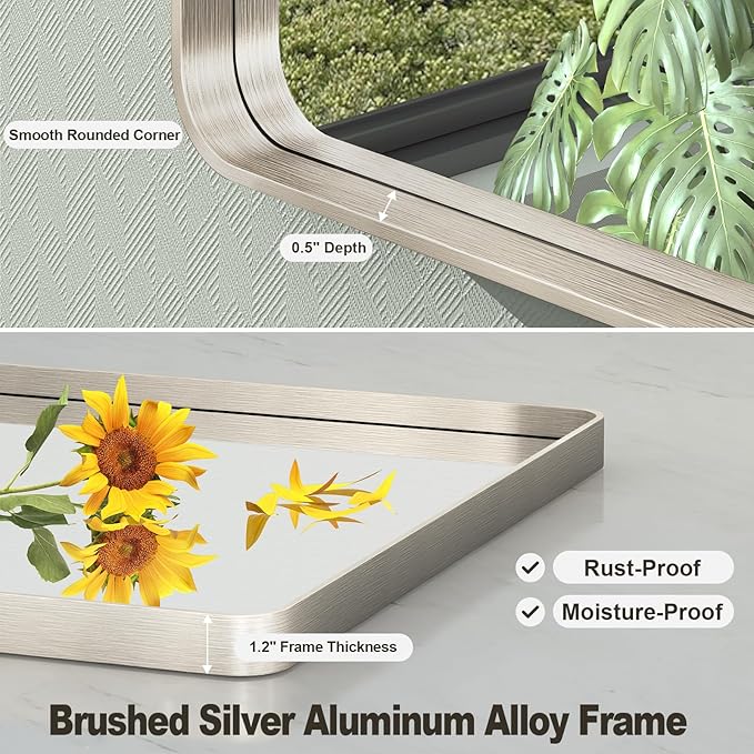 32x36 Inch Brushed Nickel Bathroom Mirror, Brushed Silver Metal Framed Wall Mirror, Rounded Corner Rectangle Modern Vanity Mirror, Tempered Glass, Anti-Rust, Shatterproof (Horizontal/Vertical)
