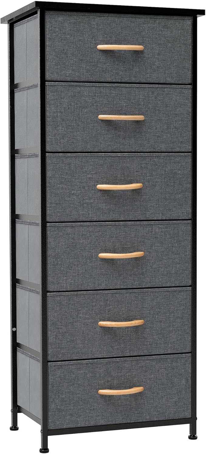 Crestlive Products Vertical Dresser Storage Tower - Sturdy Steel Frame, Wood Top, Easy Pull Fabric Bins, Handles Organizer Unit for Bedroom, Hallway, Entryway, Closets 6 Drawers (Gray)
