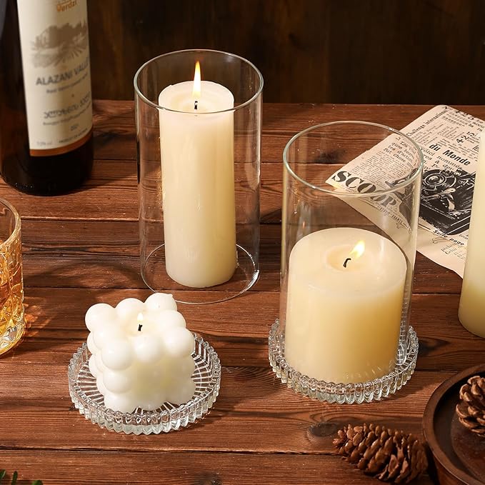 Hurricane Glass Candle Holders Set of 2, Serrated Round Candle Stand for Pillar Candles Modern CandleHolders Cylinder Chimney Cover for Outdoor Wedding Decor Parties & Table Centerpieces