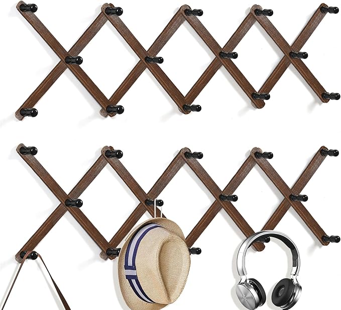 WGFKVAS Accordion Wall Hanger with 14 Hooks - 2Pcs Expandable Coat Rack Wall Mount - Wood Wall Hanger for Baseball Caps, Coats & Bags, Coffee Mug, Jewelry