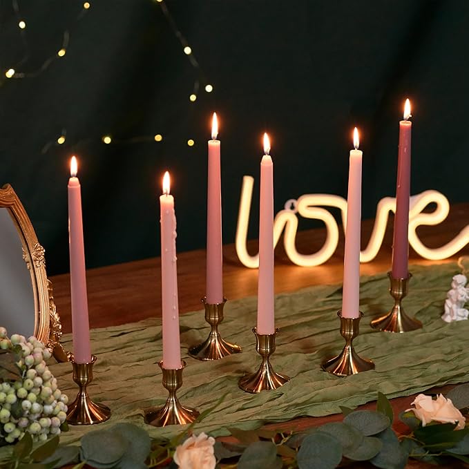 Gold Taper Candle Holder, Brass Candlestick Holders, Vintage Metal for Table Centerpieces Wedding Christmas Decor (Gold, 12 Pcs)