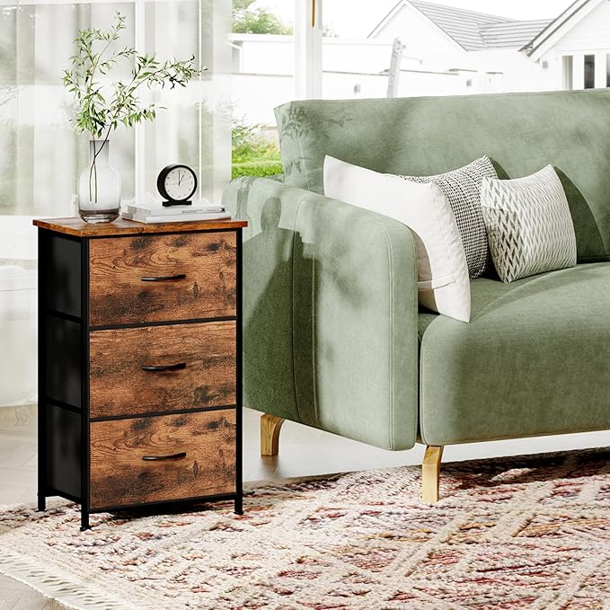 Somdot Dresser for Bedroom with 3 Drawers, Storage Organizer Chest of Drawers with Removable Fabric Bins for Closet Bedside Living Room Laundry Entryway Hallway, Wood Grain Print