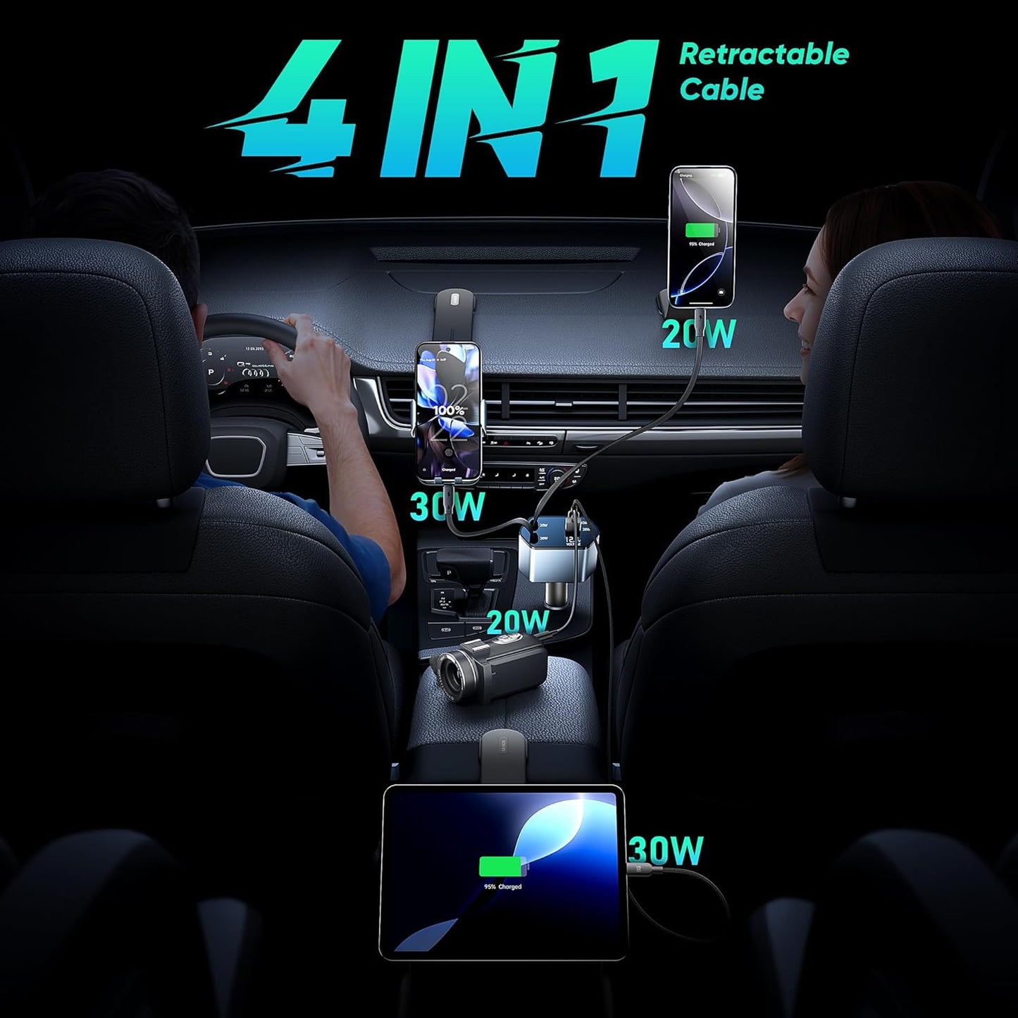 GUSGU 100W Retractable Car Charger, 4-in-1 Fast Charger with 2.6ft Cord, Lightning and USB-C Adapters