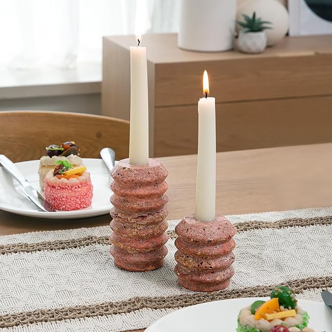 WORHE Candle Holders Italy True Natural Travertine Stone 0.4" Thick Set of 2 Marble Candlestick Holder for Christmas Wedding Dinning Party for 3/4 inch Candles Color Red (WH025)