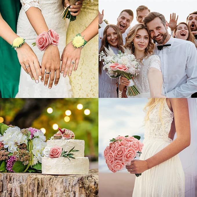 JOYLEX Artificial Flowers Realistic Roses, 25pcs Pink Real Looking Fake Roses with Stem for DIY Wedding Bouquets Centerpieces Bridal Shower Party Home Romantic Decorations (25pcs, Pink)