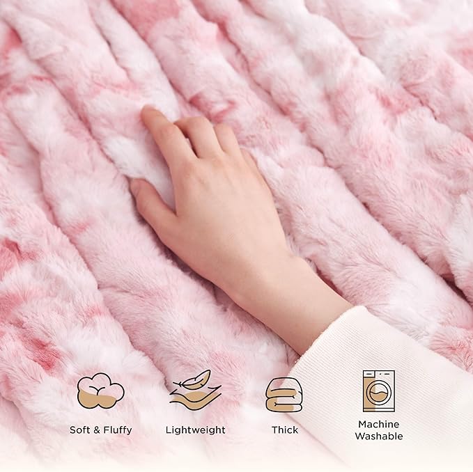 Bedsure GentleSoft Sherpa Fluffy Blanket Queen Size for Bed - Fleece Warm and Cozy for Women Gift, Plush & Fuzzy Faux Fur Blanket for Couch, Sofa and Decor, Tie Dye Design, Pink, 90x90 Inches