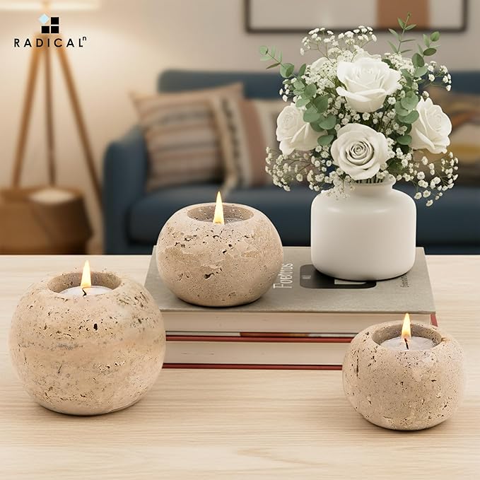 Radicaln Marble Tealight Candle Holder 4" Inch Travertine Handmade Decorative Votive Candle Holder for Wedding Centerpieces, Elegant Set of 3 Mini Candle Holders for Living Room