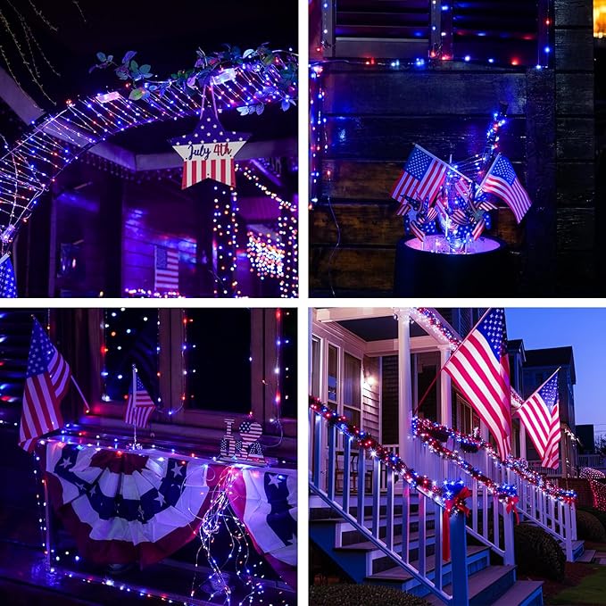 JMEXSUSS 4 Pack 50LED Red White Blue Fairy Lights Battery Operated for 4th of July, Patriotic Lights for Independence Day Decorations