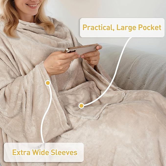 Catalonia Wearable Fleece Blanket with Sleeves and Foot Pockets for Adult Women Men, Micro Plush Comfy Wrap Sleeved Throw Blanket Robe Large, Gift for Her