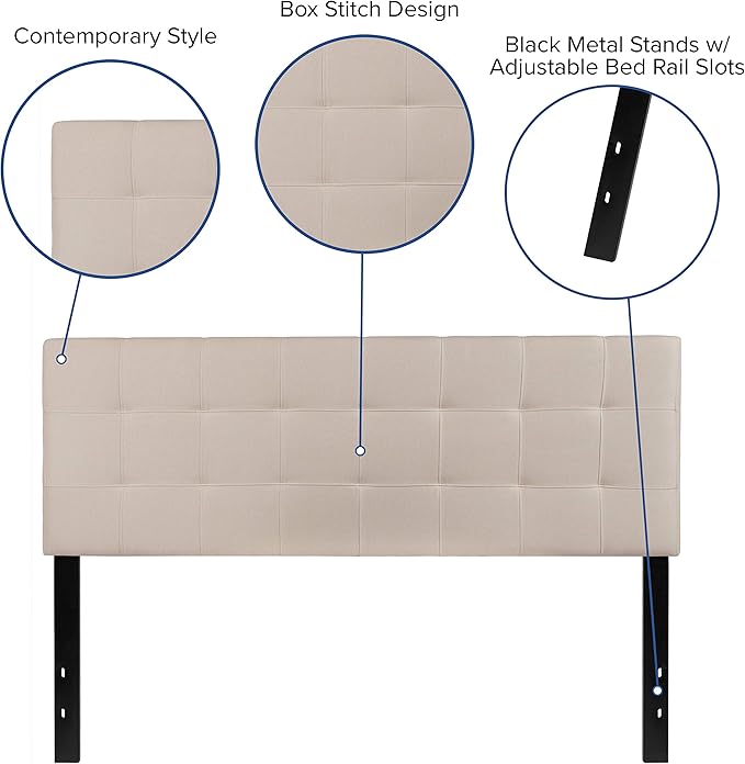 Flash Furniture Bedford Box Stitch Tufted Upholstered Queen Size Headboard in Beige Fabric