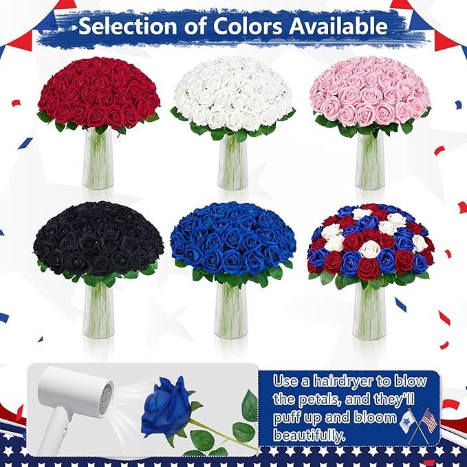 BLEUM CADE 200 Pcs Red Roses Artificial Flowers, Real Touch Velvet Roses Fake Flowers Bulk, Artificial Roses Bouquet with Long Stems Bridal DIY Wedding Party Centerpiece Decorations