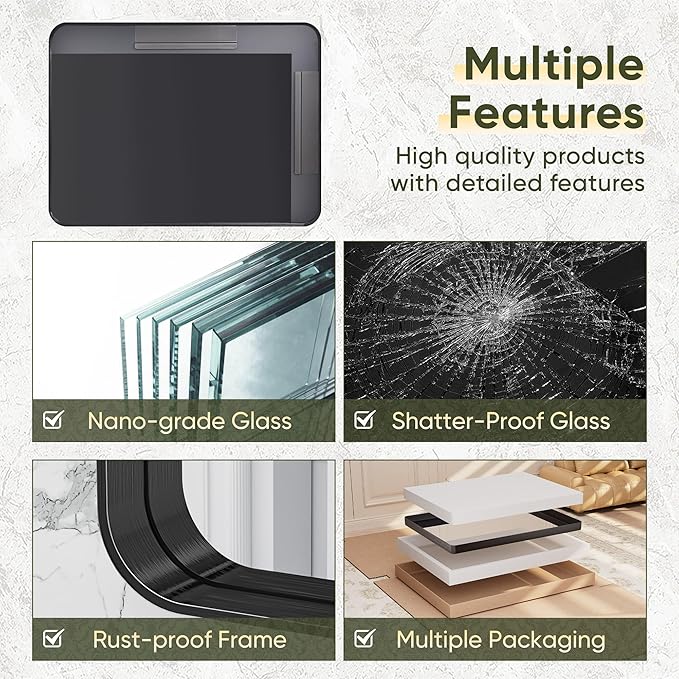 Suidia Bathroom Mirror, 36" x 55" Wall Mirror Metal Framed, Bathroom Vanity Mirror for Living Room Bedroom Bathroom Entryway, Black, Rounded Corner Style
