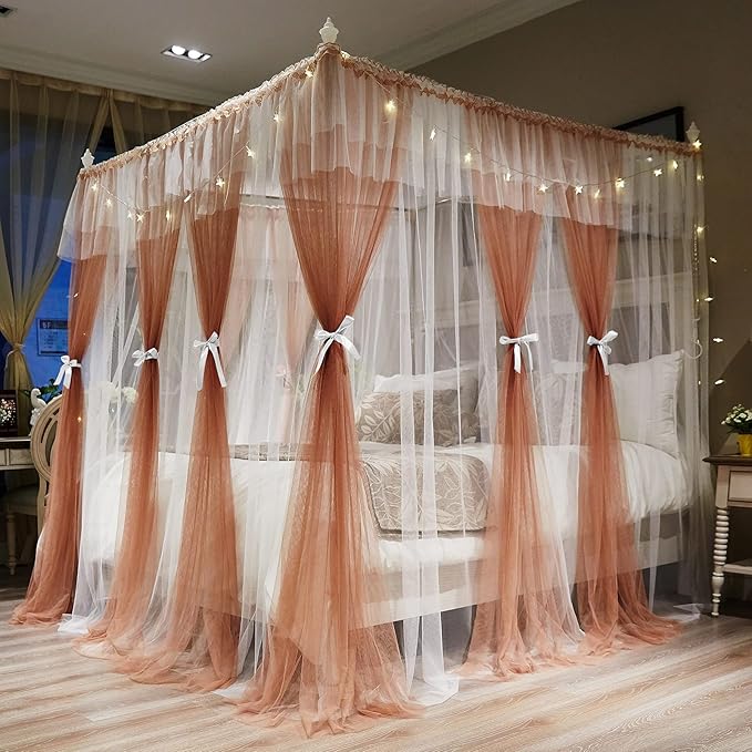Joyreap Luxury 4 Corners Post Canopy Bed Curtains - Coral & White Cozy Drape Netting - Cute Princess Style Decoration Accessories(Reddish Brown, 59" W x 78" L, Full/Queen)