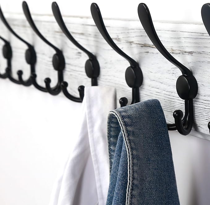Dseap Coat Rack Wall - Heavy-Duty 38-1/4" Long, with Reinforced 10 Custom Tri-Hooks, Solid Wood Wall Hanger for Coats Hat Jackets - Rustic Farmhouse Entryway Hallway Storage, White & Black