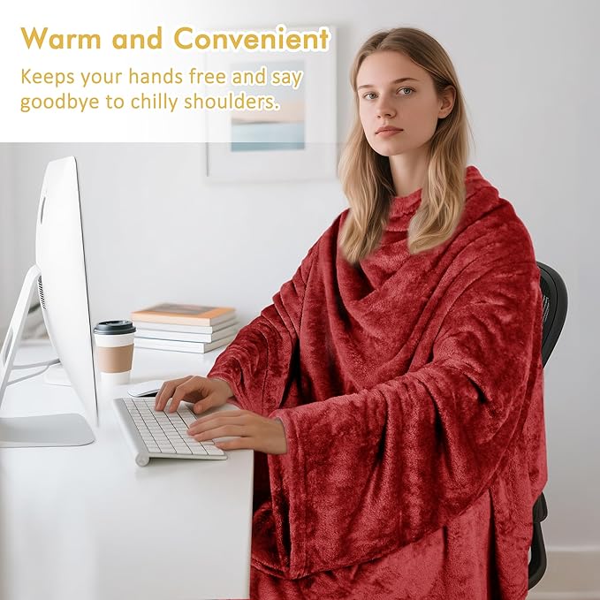 Catalonia Wearable Fleece Blanket with Sleeves and Foot Pockets for Adult Women Men, Micro Plush Comfy Wrap Sleeved Throw Blanket Robe Large, Wine