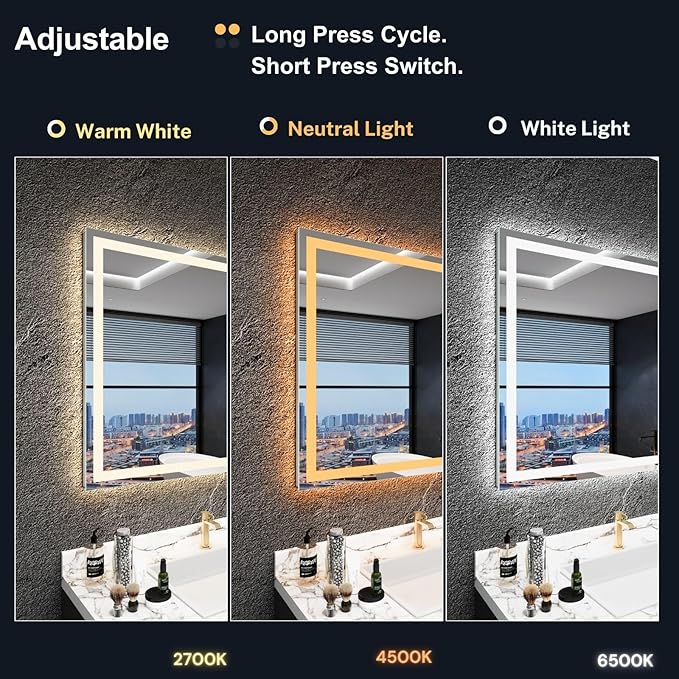 LED Bathroom Mirror 60"x 40",Front Lit and Backlit Bathroom Mirror with Lights,Stepless Dimmable,Anti-Fog, Shatter-Proof, Memory, 3 Colors Lighted Vanity Mirror (Horizontal/Vertical)