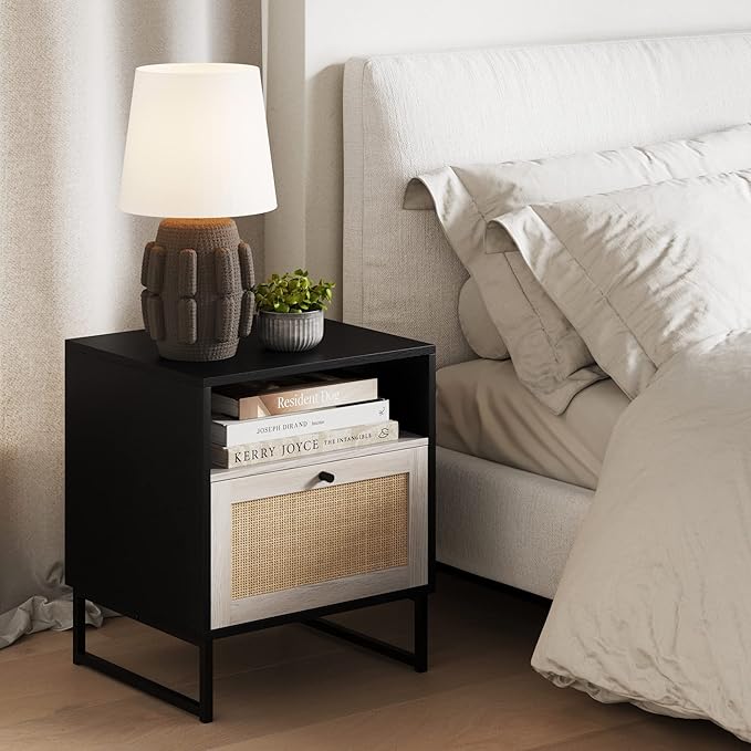 Nathan James Mina Rattan Wood End Side Accent Table Nightstand with Storage for Living Room or Bedroom, 1, Black Oak/Black