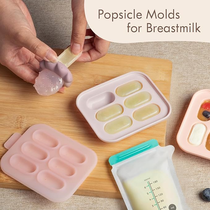 Moonkie Baby Fruit Feeder with Freezer Tray, BPA Free Silicone Food Feeder for Infant Self Feeding, Breastmilk Popsicle Molds, Mesh Feeder with Two Pouches, Baby Shower Gifts 4 Months+, 1 Pack