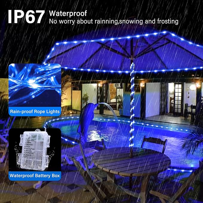 JMEXSUSS 100 LED Blue Battery Operated Rope Lights Outdoor Waterproof, 33ft 8 Modes Battery Christmas Light, Battery Powered String Lights with Remote for Trampoline Camping Canopy Tent Pool Decor