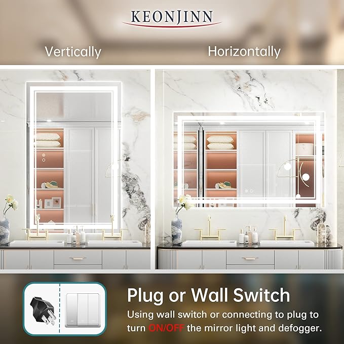 Keonjinn 48 x 30 Bathroom LED Mirror, Front Lighted Bathroom Vanity Mirror, Shatter-Proof Tempered Glass, UL-Listed LED Driver, Fog Free, Dimmale 6000K, Easy to Install(Horizontal/Vertical)