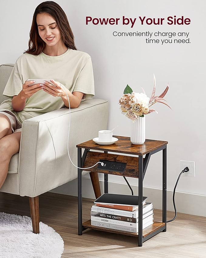 VASAGLE End Table with Charging Station, Small Side Table for Living Room, Bedroom, Nightstand with Outlets and USB Ports, Bedside Table with Storage Shelf, Rustic Brown and Black