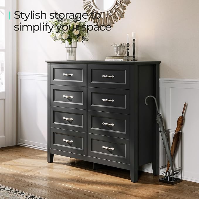 LINSY HOME 8 Drawers Dresser for Bedroom, Black Wood Dresser with Metal Handle, Farmhouse Tall Chest of Drawers with 1 pcs Fabric Divider Organizer, Storage Organizer for Living Room, Closet, Hallway