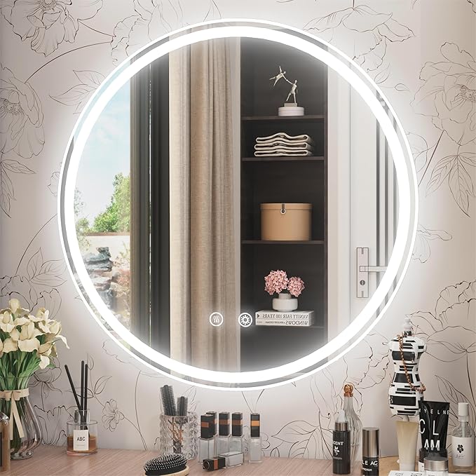 24 Inch Round LED Bathroom Mirror,Front & Backlit Lighted Bathroom Vanity Mirror, 6000K, CRI 90+, Dimmable, Touch, Anti-Fog